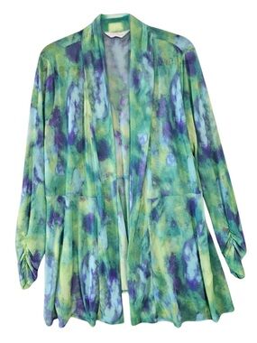Susan Graver Green Blue Abstract Print Sheer Mesh Kimono Cardigan Size L Y2K